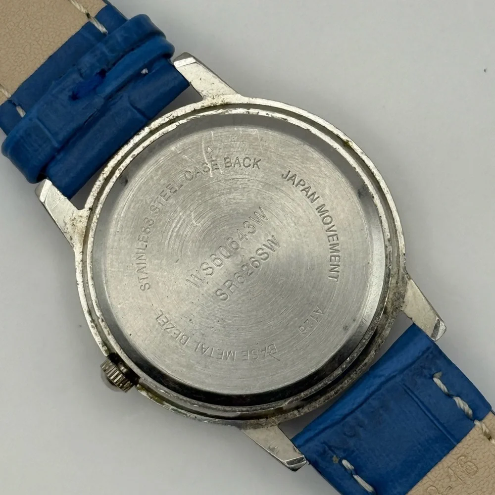 VINTAGE DATE MOON PHASE RHINESTONES DIAL QUARTZ SILVER BLUE BAND (New Battery)